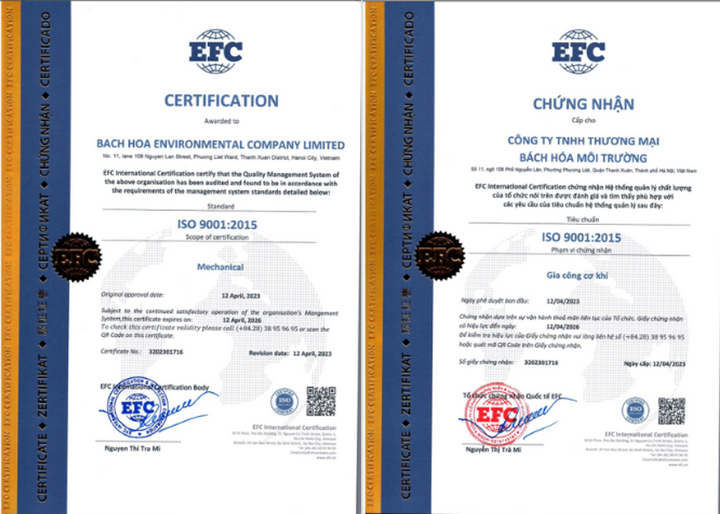 Giấy chứng nhận hệ thống quản lý chất lượng phù hợp tiêu chuẩn ISO 9001:2015 được Tổ chức chứng nhận quốc tế EFC cấp cho Bách Hóa Môi Trường năm 2023.