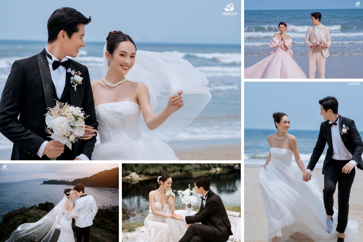 Á hậu 2 Miss Universe Việt Nam 2024 Vũ Thúy Quỳnh cũng từng thực hiện bộ album mẫu ảnh cưới biển của Mimosa Wedding.