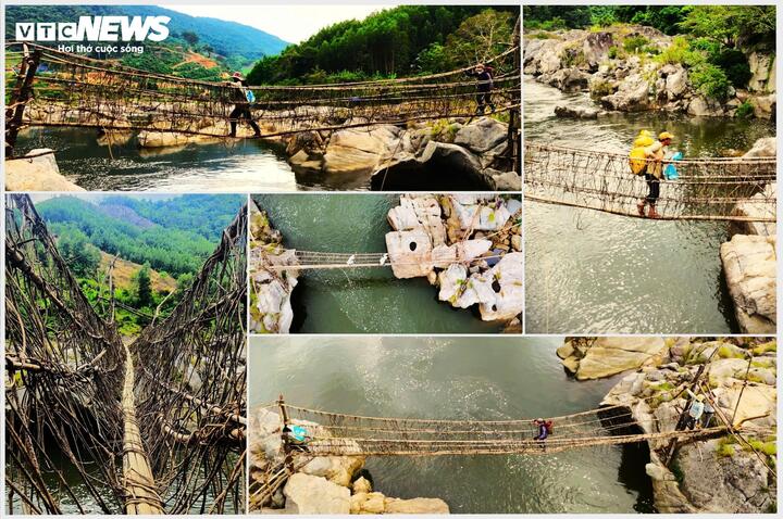 Để đến làng O2, phải vượt quãng đường gian nan là những cầu treo “mạng nhện” được bện thắt bởi những cây mây rừng, bắc qua sông suối giữa rừng già. Cây cầu có lối đi nhỏ đến độ chỉ vừa một bàn chân cỡ lớn.