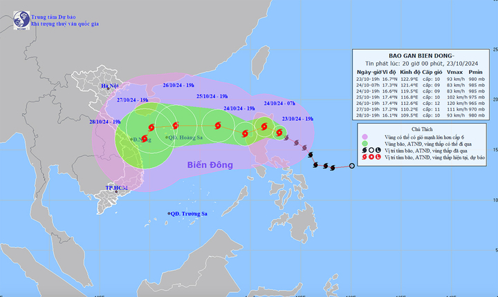 Dự báo đường đi và khu vực ảnh hưởng của bão Trami. (Nguồn: NCHMF)