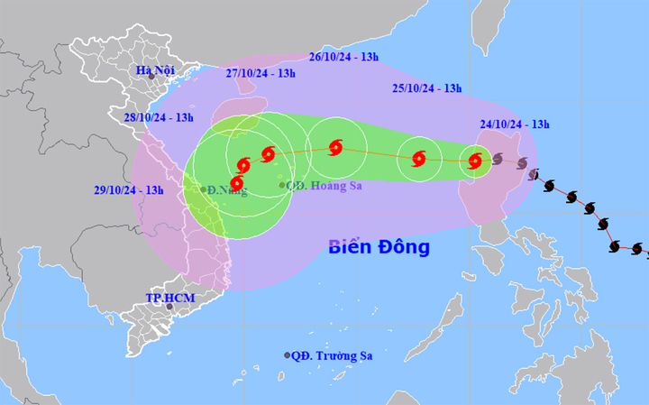 Dự báo đường đi của bão Trami lúc 13h ngày 24/10. (Nguồn: NCHMF)