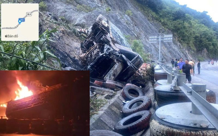 Xe đầu kéo bốc cháy sau khi xảy ra va chạm.