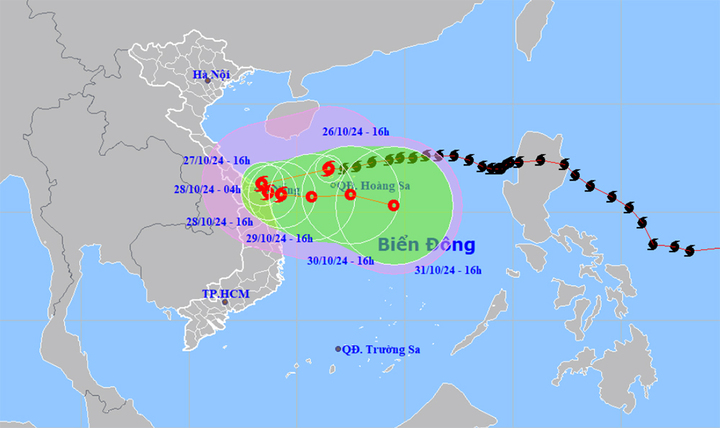 Dự báo đường đi và khu vực ảnh hưởng của bão số 6. (Nguồn: NCHMF)
