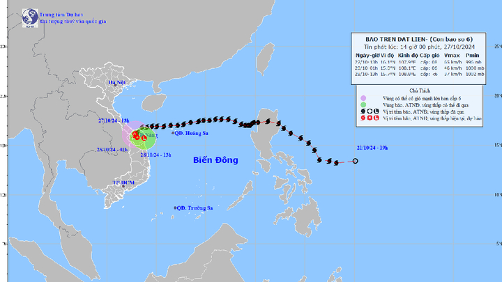 Đường đi cơn bão số 6 lúc 14h ngày 27/10.