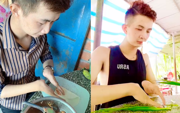 Chàng trai Long An nấu ăn thoăn thoắt chỉ bằng 2 ngón tay. (Ảnh chụp màn hình)