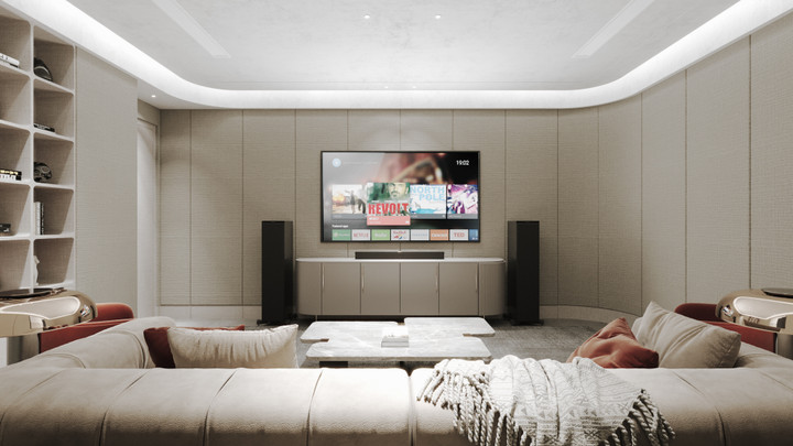 Phối cảnh phòng karaoke được bố trí trong hầm townhouse.