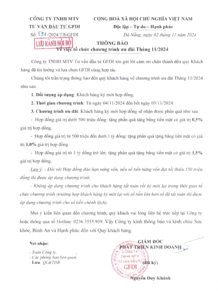 Thông báo tổ chức chương trình ưu đãi tháng 11/2024. (Ảnh: Khách hàng cung cấp)