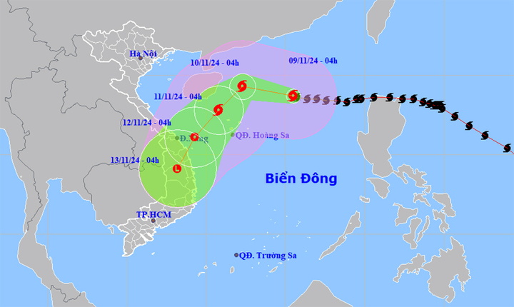 Dự báo đường đi, khu vực ảnh hưởng của bão số 7. (Nguồn: NCHMF)