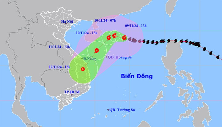 Dự báo đường đi và khu vực ảnh hưởng của bão số 7. (Nguồn: NCHMF)