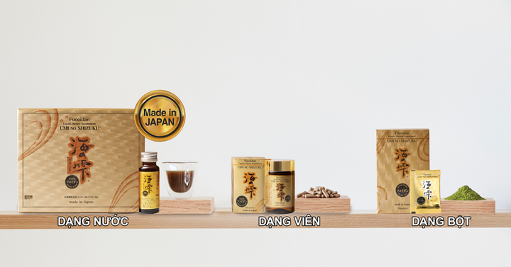 Sản phẩm Fucoidan Umi No Shizuku dạng bột, viên, nước.