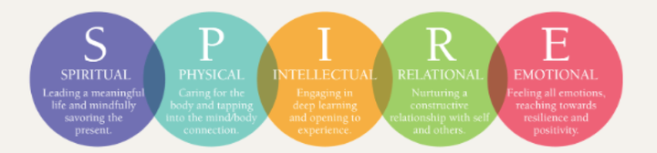 Mô hình SPIRE gồm 5 khía cạnh chính Tinh thần, Thể chất, Trí tuệ, Quan hệ, Cảm xúc.