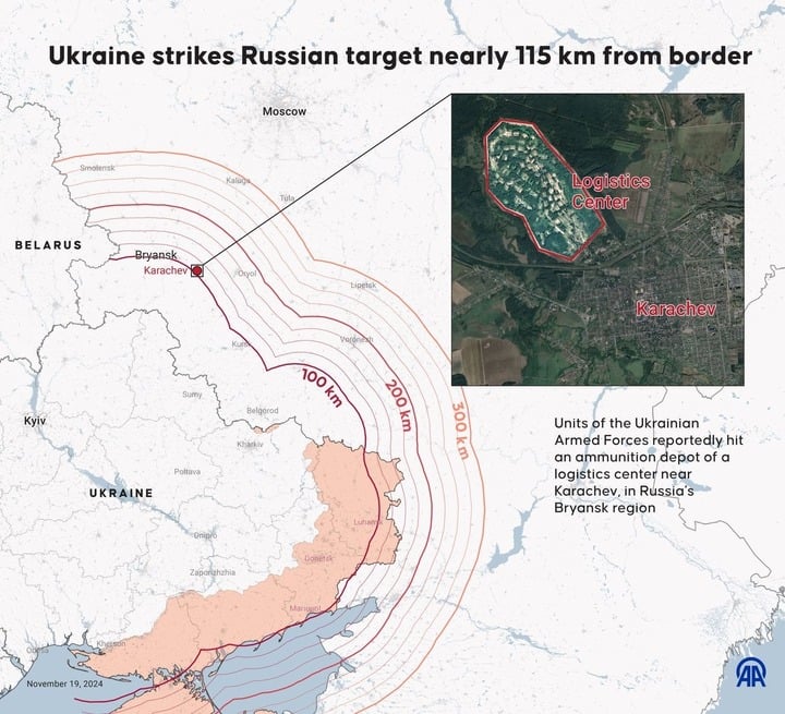 Vị trí kho đạn ở Bryansk bị Ukraine tập kích tên lửa hôm 19/11. (Đồ họa Anadolu Agency)