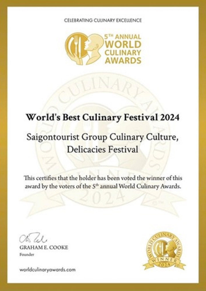 Giải thưởng Lễ hội ẩm thực đặc sắc nhất thế giới được vinh danh cho Lễ hội Văn hóa Ẩm thực, Món ngon Saigontourist Group 2024.