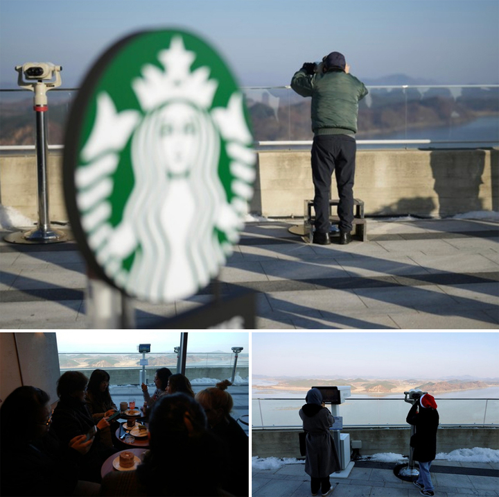 Những du khách hiếu kỳ đến Starbucks để ngắm cảnh Triều Tiên. (Ảnh: AP, Reuters)
