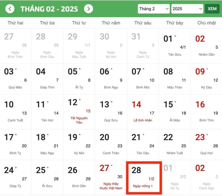 Tháng 2 năm 2025 vẫn có 28 ngày như thường lệ. (Ảnh chụp màn hình)