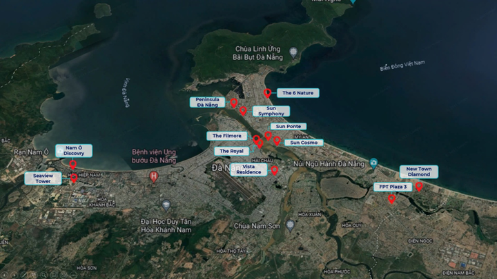 Bản đồ phân bổ chung cư tại khu vực thành phố Đà Nẵng. (Ảnh: Ngọc Ánh)