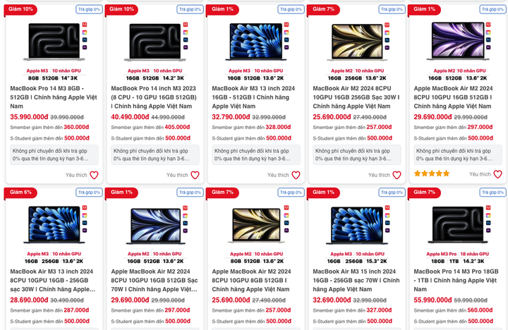 Giá Macbook chạy chip M3 seri đang giảm giá mạnh vào dịp cuối năm. (Ảnh chụp màn hình)