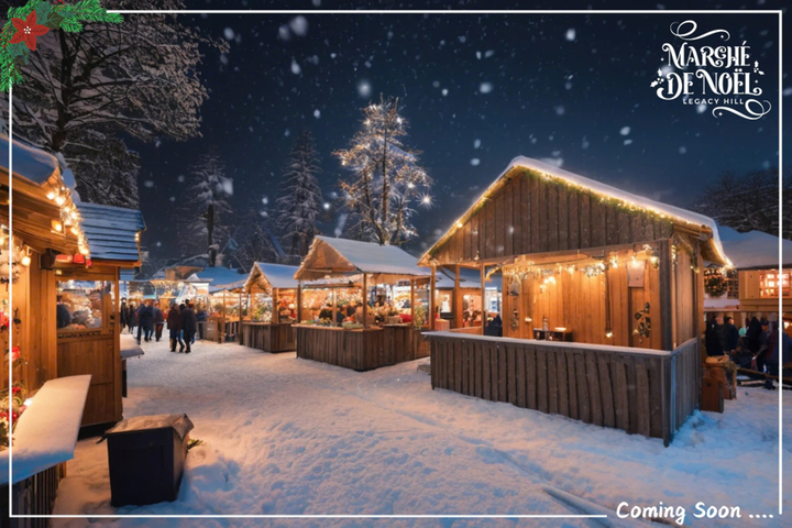Không gian hội chợ Marché de Noël nổi tiếng được tái hiện tại Legacy Hill. (Ảnh có sự hỗ trợ của AI)