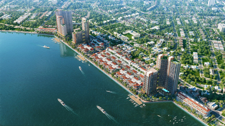 The Sonata nằm soi bóng xuống mặt nước sông Hàn, là tâm điểm quần thể semi-compound Sun Symphony Residence.