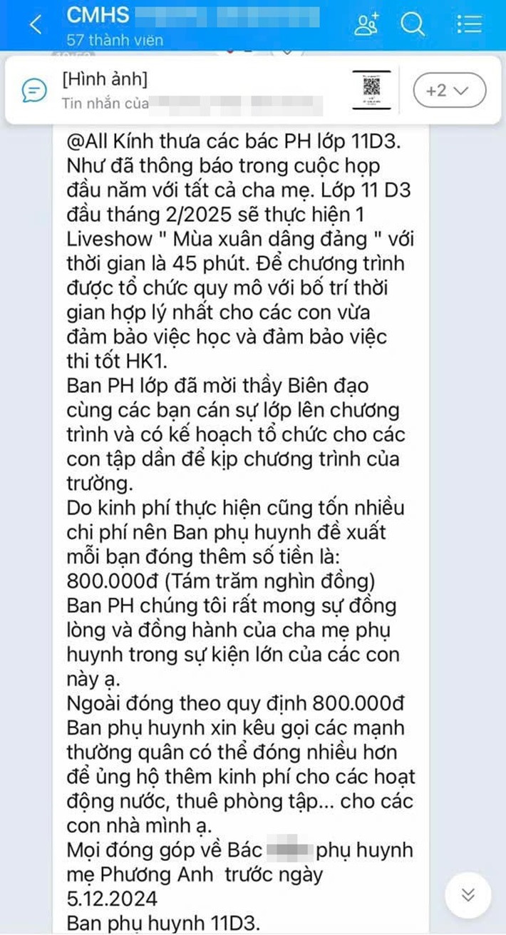 Tin nhắn ban phụ huynh gửi lớp. (Ảnh: NVCC)