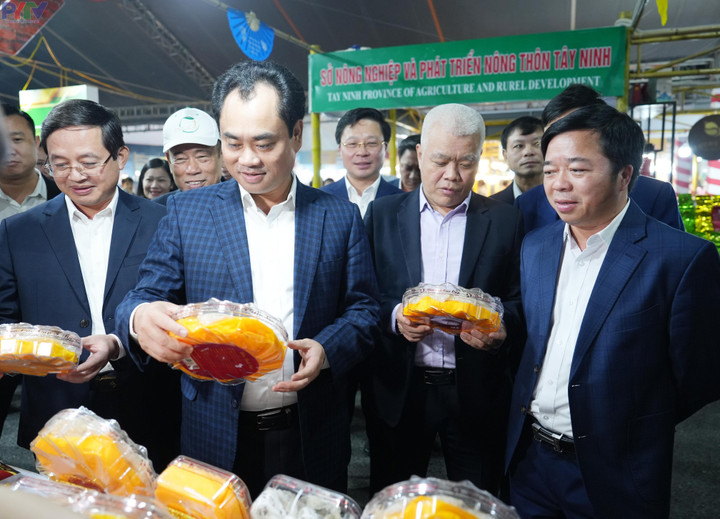 Lãnh đạo tỉnh Thái Nguyên và các đại biểu tham quan gian trưng bày sản phẩm của các địa phương.