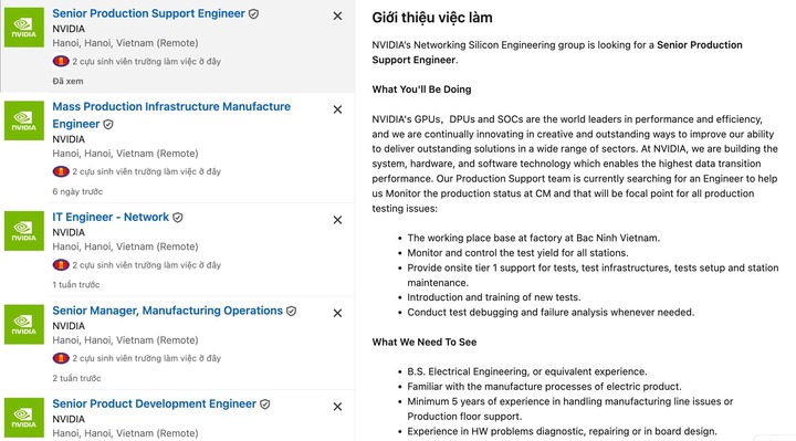 Nvidia đăng tuyển liên tục nhiều vị trí tại Việt Nam, hứa hẹn thời gian tới nhu cầu này sẽ tăng cao hơn. (Ảnh chụp màn hình)
