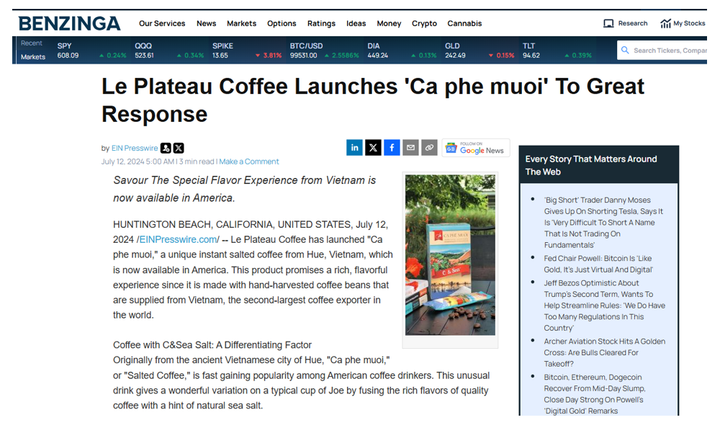 Cà phê muối C&Sea xuất khẩu hiện trên nhiều báo lớn của Mỹ như APnews, Benzinga,...