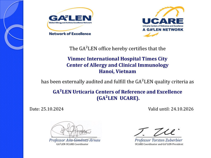 Trung tâm Dị ứng - Miễn dịch lâm sàng của Bệnh viện Đa khoa Quốc tế Vinmec Times City hiện là cơ sở duy nhất đạt được chứng nhận UCARE.