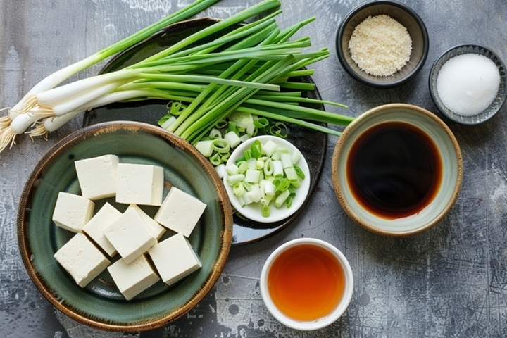 Nguyên liệu làm đậu phụ tẩm hành. (Ảnh: ABCfood)