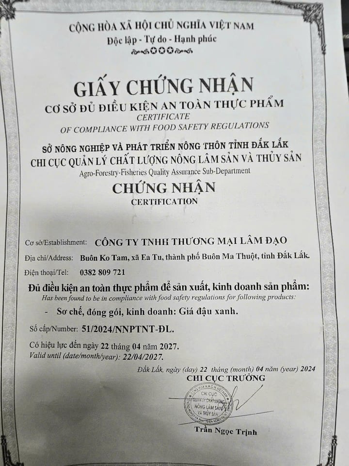 Giấy chứng nhận đủ điều kiện an toàn thực phẩm cho Công ty TNHH Thương mại Lâm Đạo.