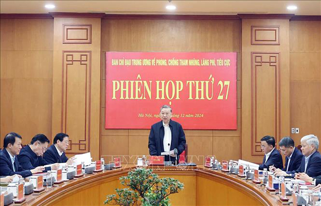 Tổng Bí thư Tô Lâm chủ trì Phiên họp thứ 27 Ban Chỉ đạo Trung ương về phòng, chống tham nhũng, lãng phí, tiêu cực. (Ảnh: Thống Nhất/TTXVN)