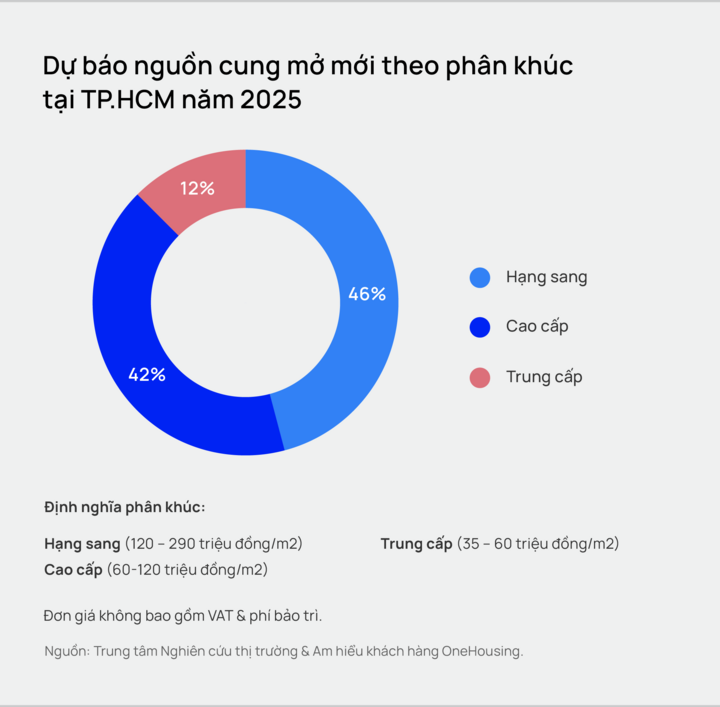 Dự báo nguồn cung mở mới theo phân khúc ở TP.HCM năm 2025.