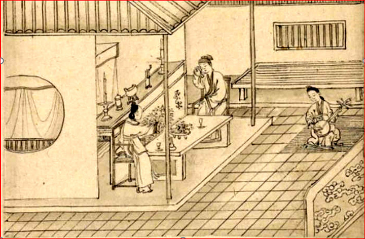 Hình vẽ minh họa màn đánh ghen của Hoạn Thư trong Truyện Kiều.