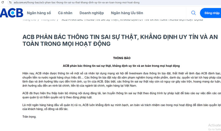 Ngân hàng ACB bác thông tin lãnh đạo dãnh bạc. (Ảnh chụp màn hình).