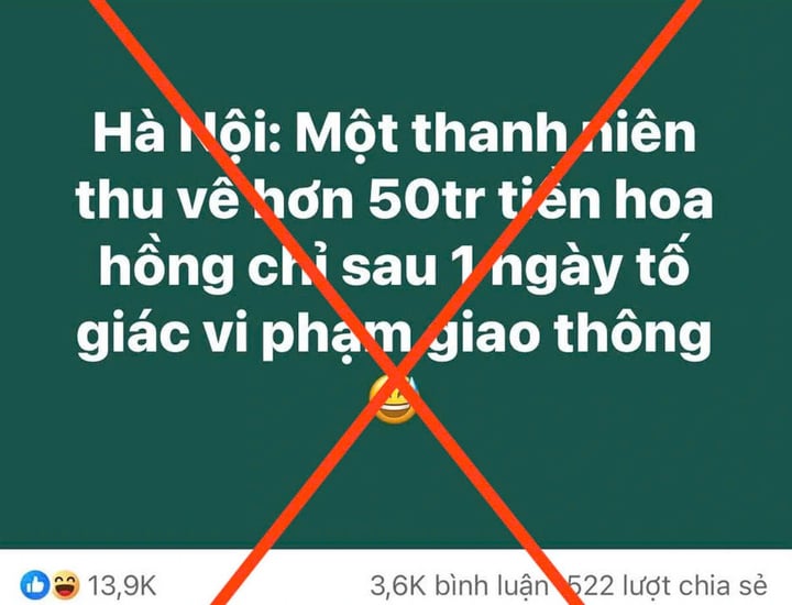 Thông tin thanh niên thu về 50 triệu đồng chỉ sau 1 ngày tố giác vi phạm giao thông là sai sự thật.