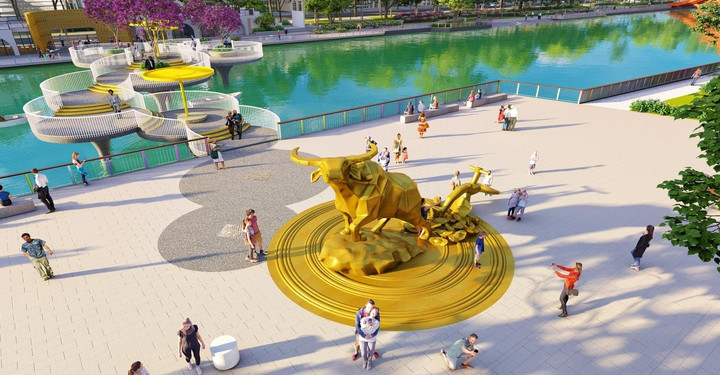 Tái hiện không gian văn hóa độc đáo với tượng trâu vàng. (Ảnh phối cảnh minh họa Sun Property)