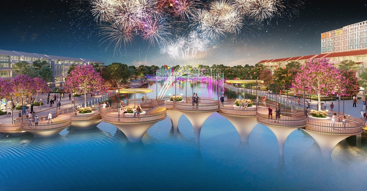 Trục đại lộ trở thành sân khấu cho show trình diễn nhạc nước đỉnh cao mỗi đêm. (Ảnh phối cảnh minh họa Sun Property)