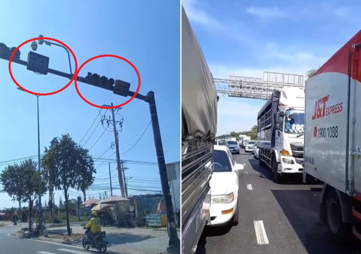 Đèn tín hiệu tê liệt khiến ô tô xếp hàng dài dừng chờ. (Ảnh cắt từ clip).