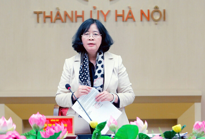 Bí thư Thành ủy Hà Nội Bùi Thị Minh Hoài, Trưởng Ban Chỉ đạo Thành ủy về phòng, chống tham nhũng, lãng phí, tiêu cực. (Ảnh: Trung Sơn)