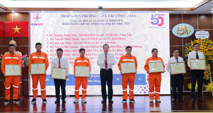 Chủ tịch Công đoàn Điện lực Việt Nam Đỗ Đức Hùng tặng Bằng khen của Tổng Liên đoàn Lao động Việt Nam cho các cá nhân có thành tích xuất sắc.