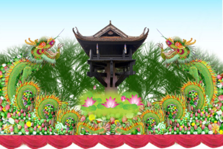 Mâm ngũ quả được phát hoạ nổi bật với hình hai con Rồng ở hai bên. (Ảnh: Phương Hà)