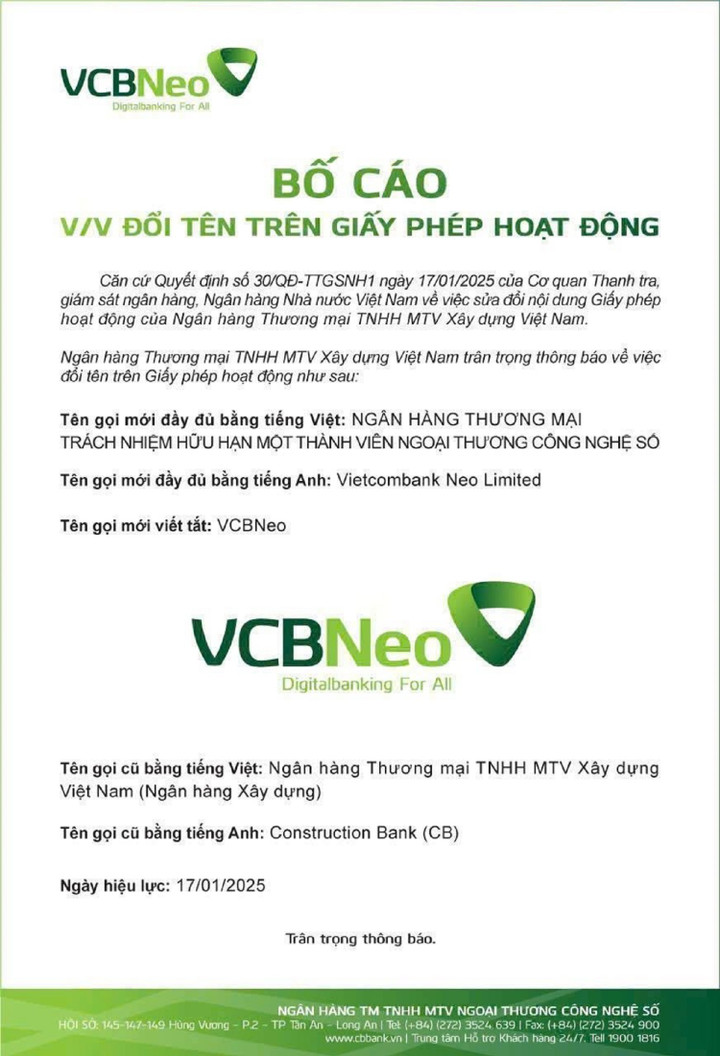 Sau chuyển giao bắt buộc về Vietcombank, Ngân hàng Xây dựng có tên mới - 1