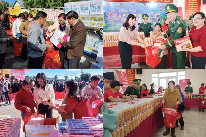 Người dân Đắk Nông phấn khởi nhận những vật phẩm thiết yếu tới do các đơn vị tài trợ trong chương trình Tết nhân ái.