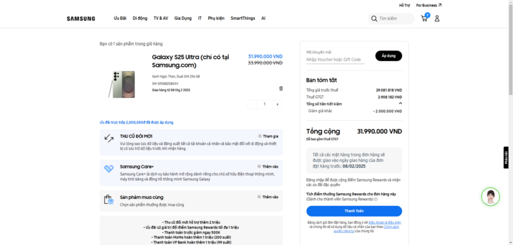 Trên trang website của Samsung, đặt hàng mua Galaxy S25 Ultra được giảm trực tiếp 2 triệu đồng. (Ảnh chụp màn hình)