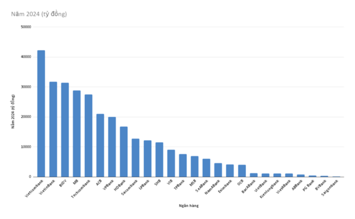 Biểu đồ lợi nhuận trước thuế của các ngân hàng năm 2024.