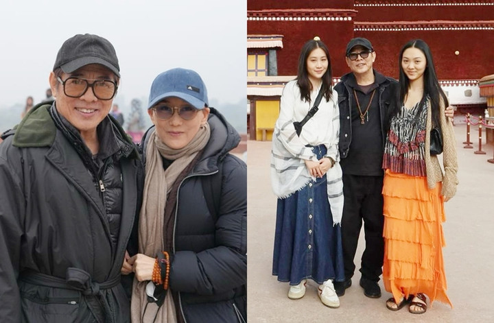 Lý Liên Kiệt và bà xã Lợi Trí (ảnh trái) cùng hai cô con gái thường xuyên đi lễ Phật.