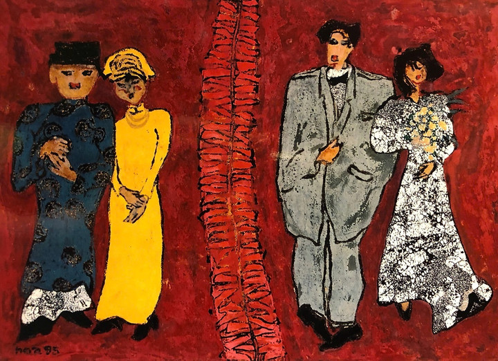 Tác phẩm "Đám cưới", Sơn mài, Kích thước 50 cm x 70cm, sáng tác năm 1995, của Họa sĩ Công Kim Hoa.