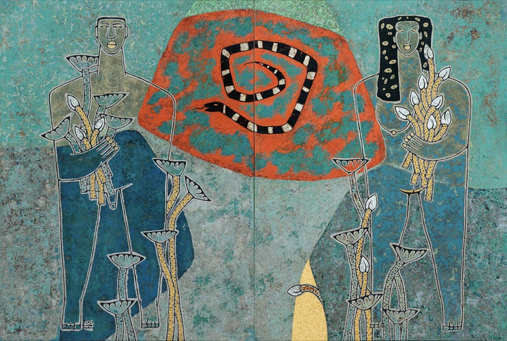 Tác phẩm "Khi tình yêu đến", Sơn mài, Kích thước 160 cm x 240 cm (2 tấm), sáng tác năm 2021, của Hoạ sĩ Trịnh Tuân.