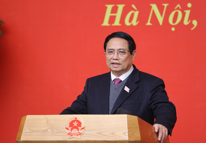 Thủ tướng Phạm Minh Chính phát biểu giao nhiệm vụ cho một số thành viên Chính phủ nhiệm kỳ 2021-2026. (Ảnh: VGP/Nhật Bắc)