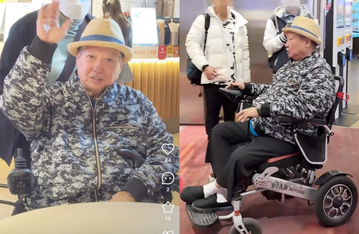 Hồng Kim Bảo ngồi xe lăn đến rạp chiếu phim.